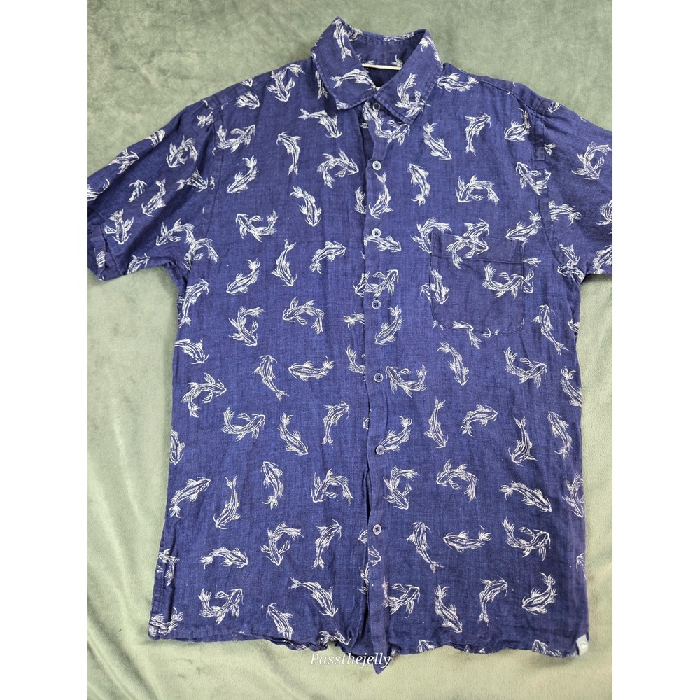 Peter Millar Shirt Mens Small Linen Coy‎ Fish Print Hawaiian Tropical Vacation